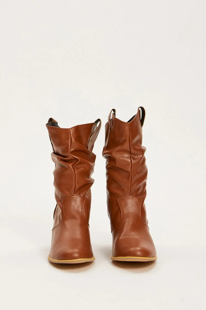 Brown Faux Leather Cowboy Boots