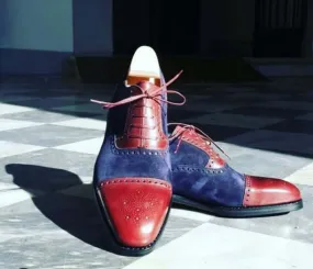 Handmade Blue Maroon Shoes, Cap Toe Lace Up Leather Suede Shoes