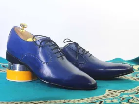 Handmade Blue Pointed Toe Lace Up Leather Shoes For Men's