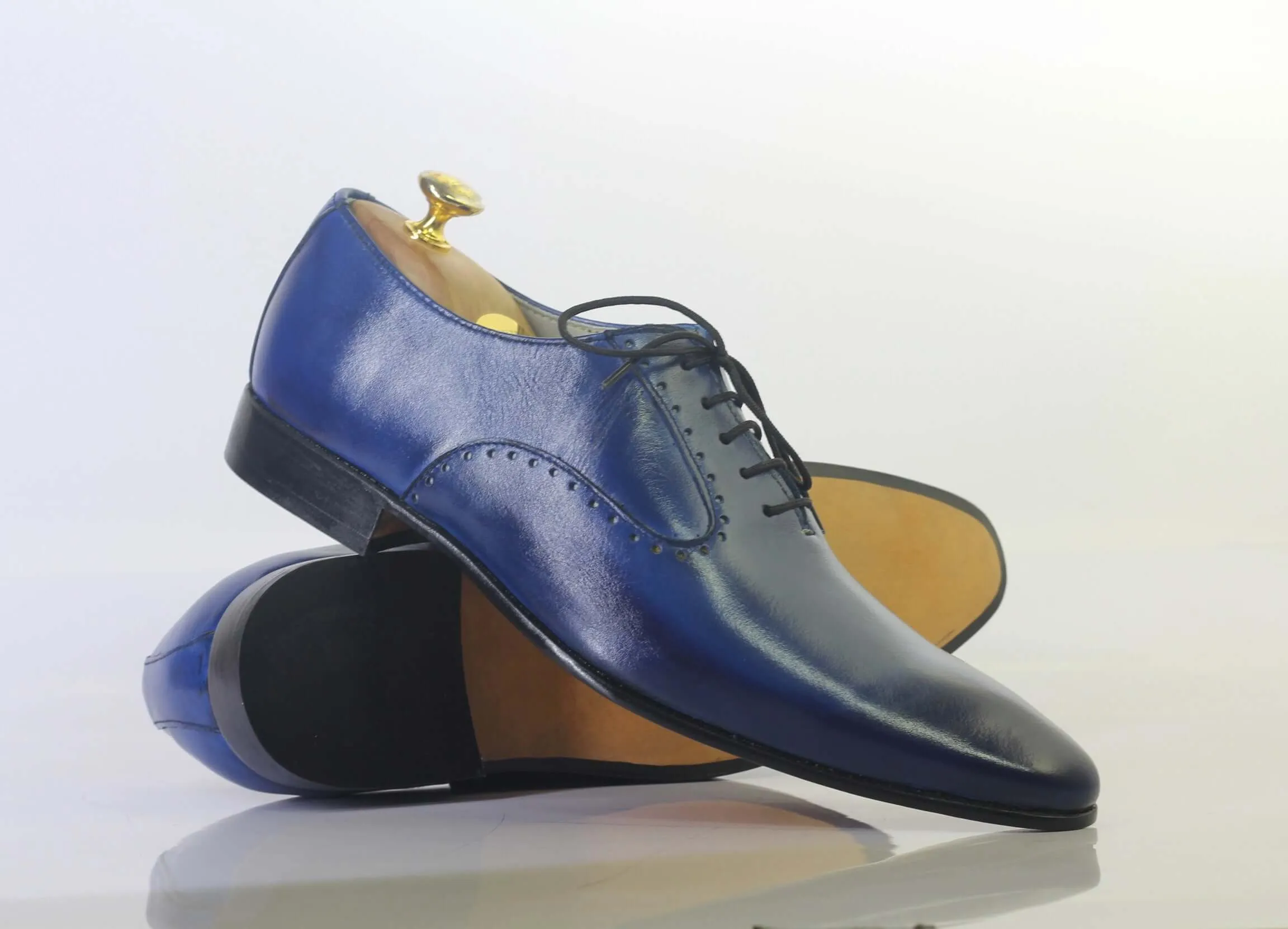 Handmade Blue Pointed Toe Lace Up Leather Shoes For Men's