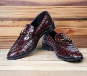 Handmade Cordovan Alligator Texture Horse bit Style Shoes,Slip On Men's Moccasin