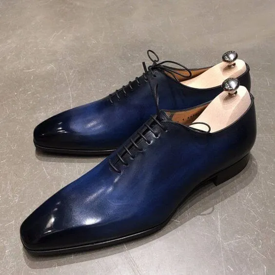 Men's Handmade Stylish Tone Blue Leather Lace Up Shoes