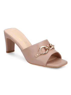 Nude PU Buckled Slip-on Slim Block Heels