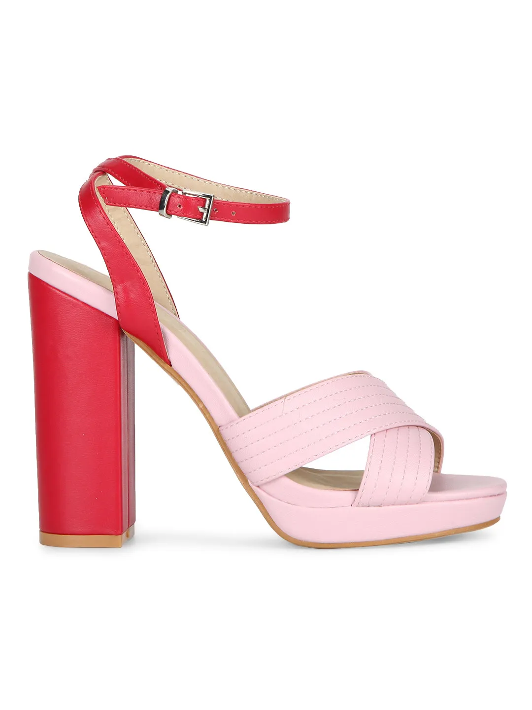 Pink PU Ankle Strap Crossover Block Heels