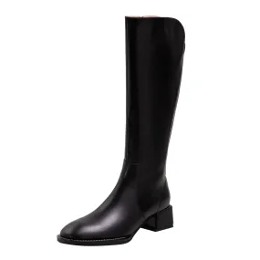 TinaCus Women's Genuine Leather Handmade Block Heel Side Zip Up Round Toe Knee-High Riding Boots