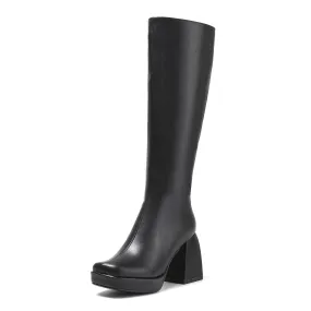 TinaCus Women's Genuine/Patent Leather Square Toe Handmade Zipper Chunky Heels Chic Knee High Boots with Platform